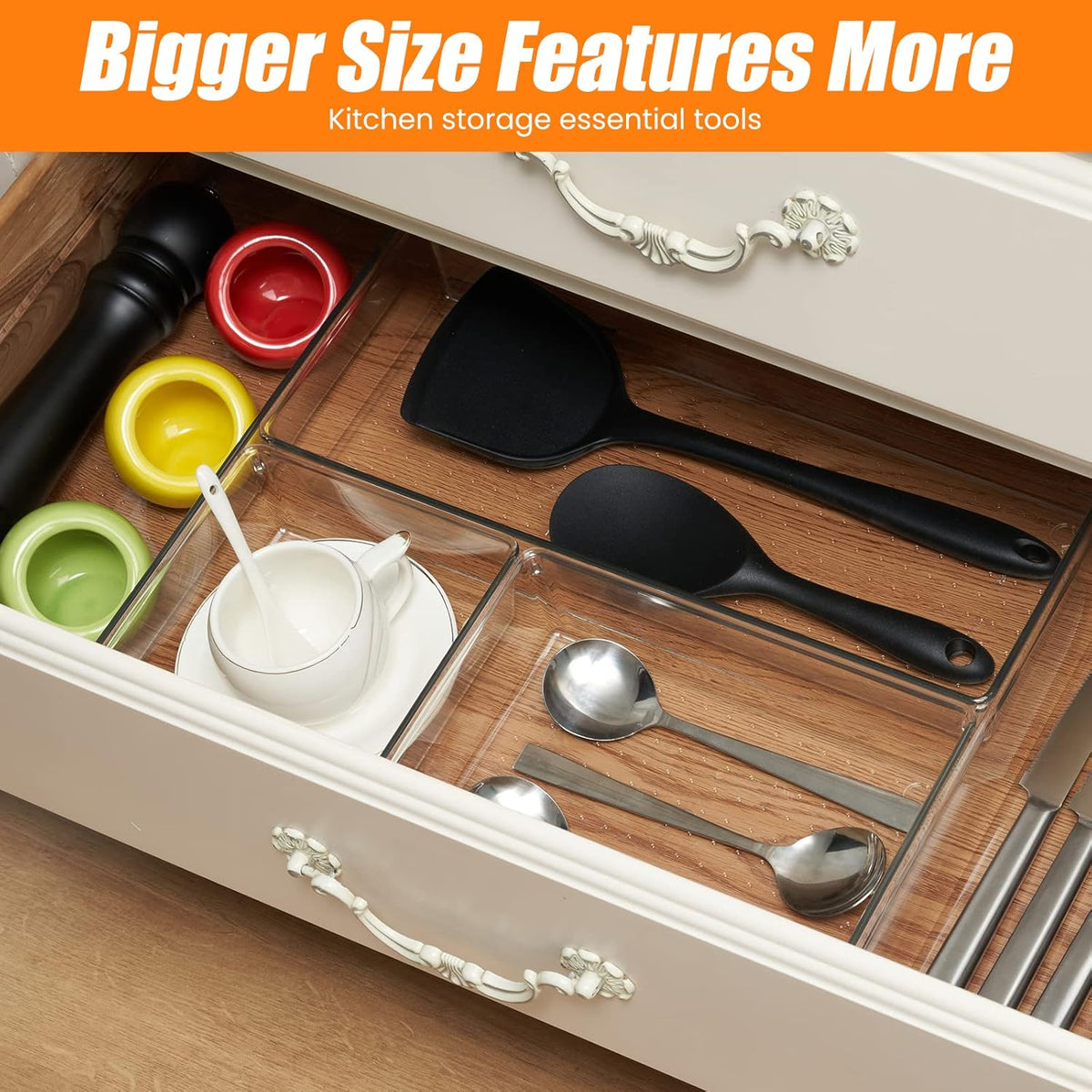 Criusia 6 Pcs Large Size Clear Drawer Organizer Set, Acrylic Non Slip Non Cracking Kitchen Drawer