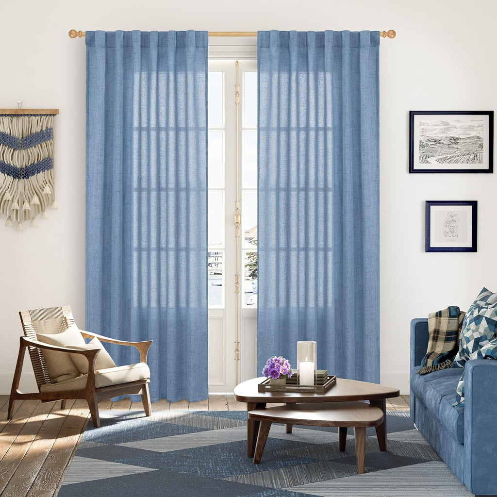 YoungsTex Denim Blue Linen Curtains 80 Inch Length for Living Room, Light Filtering Semi Sheer