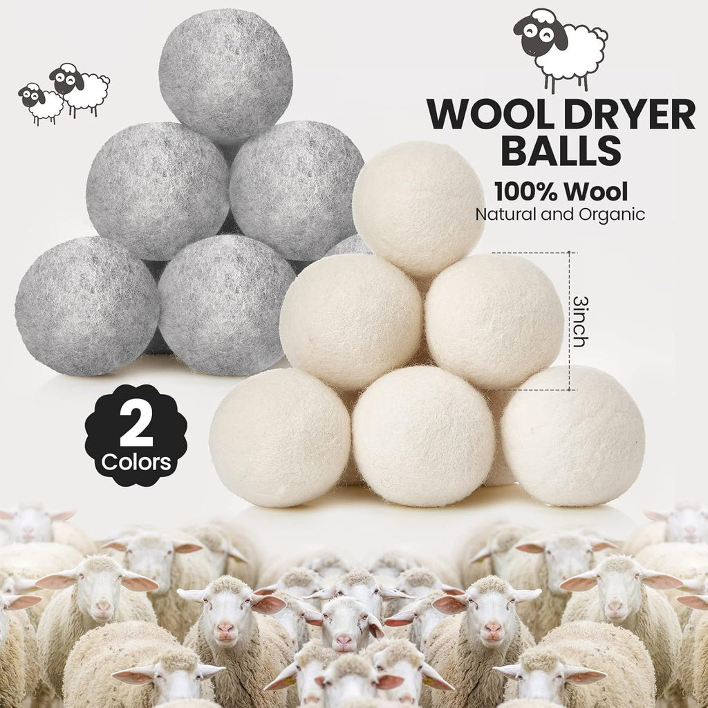 Roowest 56 Pieces Wool Dryer Balls Set 54 Reusable Wool Balls with 2 Muslin Bags Wool Laundry Balls