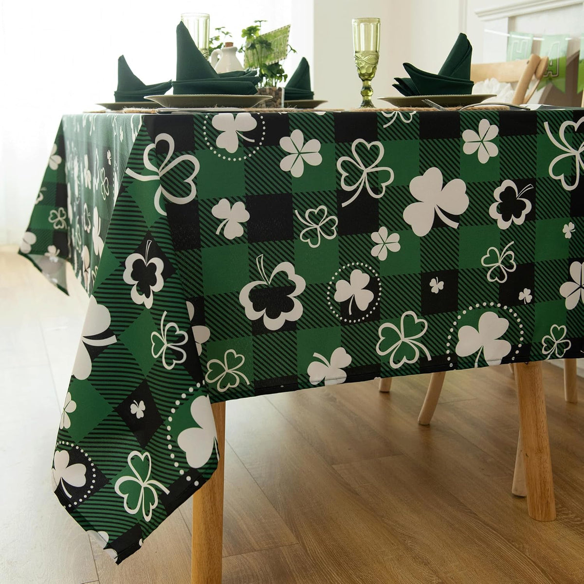 Saint Patricks Day Classic Buffalo Shamrock Tablecloth Fabric - Oblong 58x144 Inch Water Proof