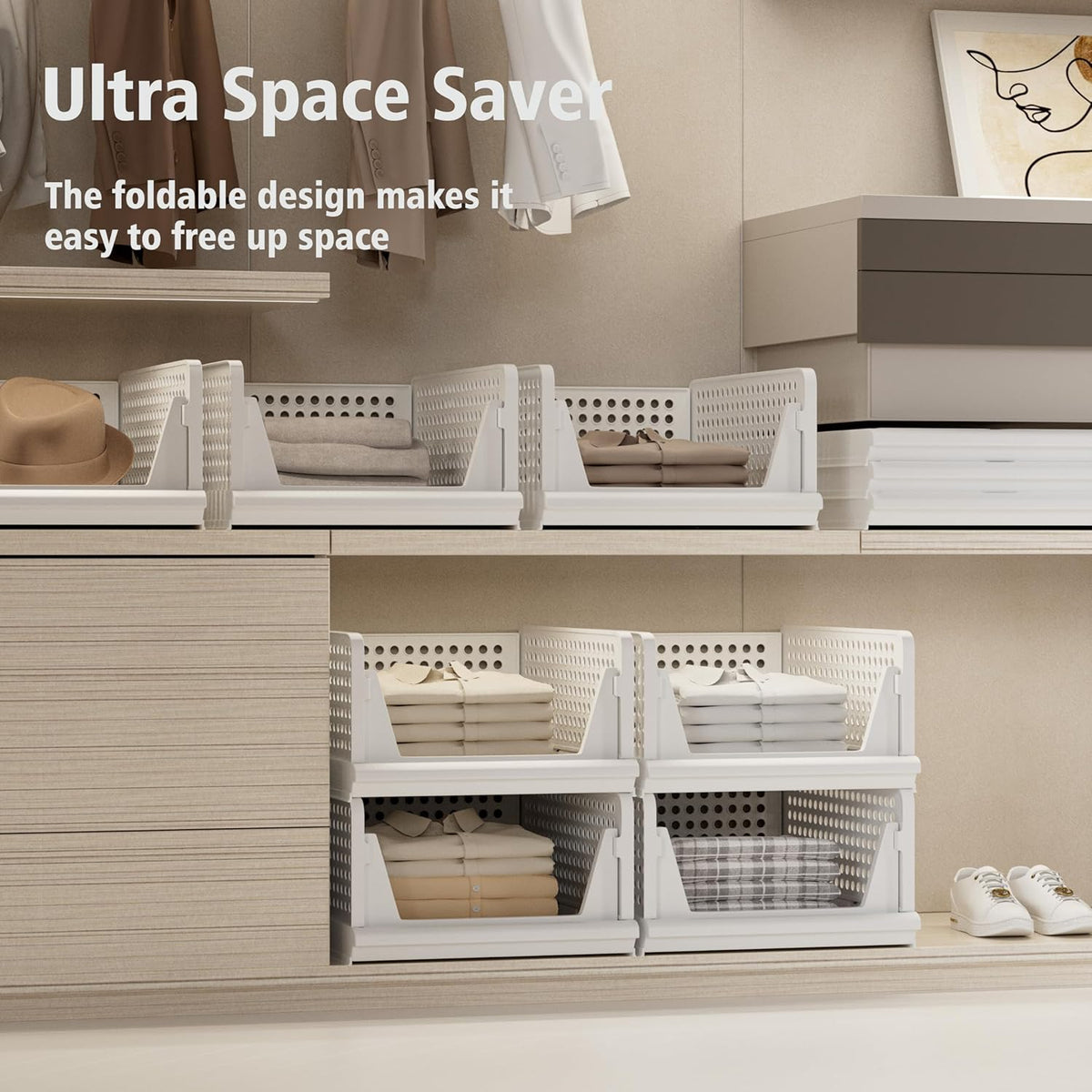 Proarea 5 Pack Stackable Plastic Storage Basket Closet Organizer Bin Foldable Clothes Organizer