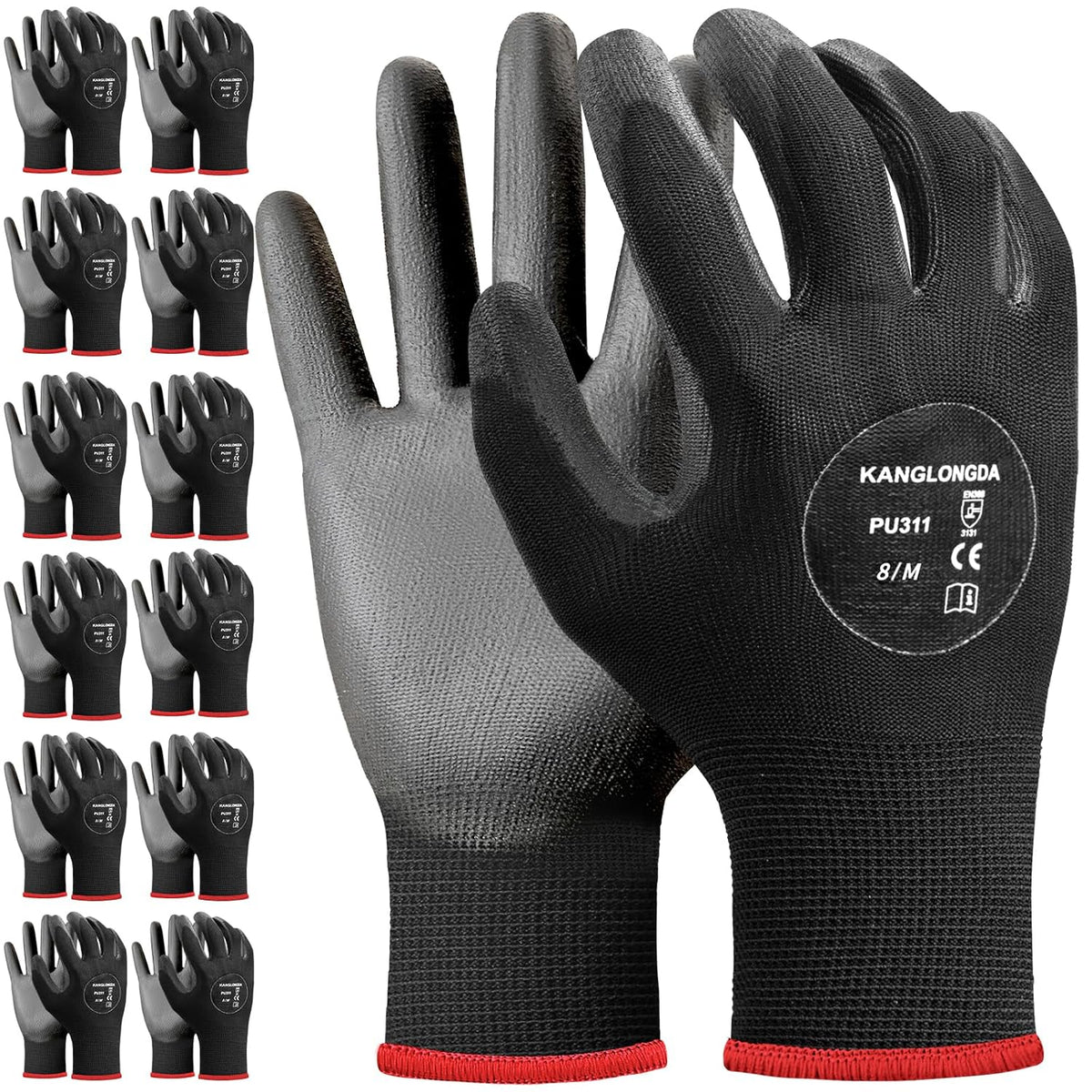 Kebada Safety Work Gloves, 12 Pairs Work Gloves with Grip, PU Coated Grip Gloves for Warehouse