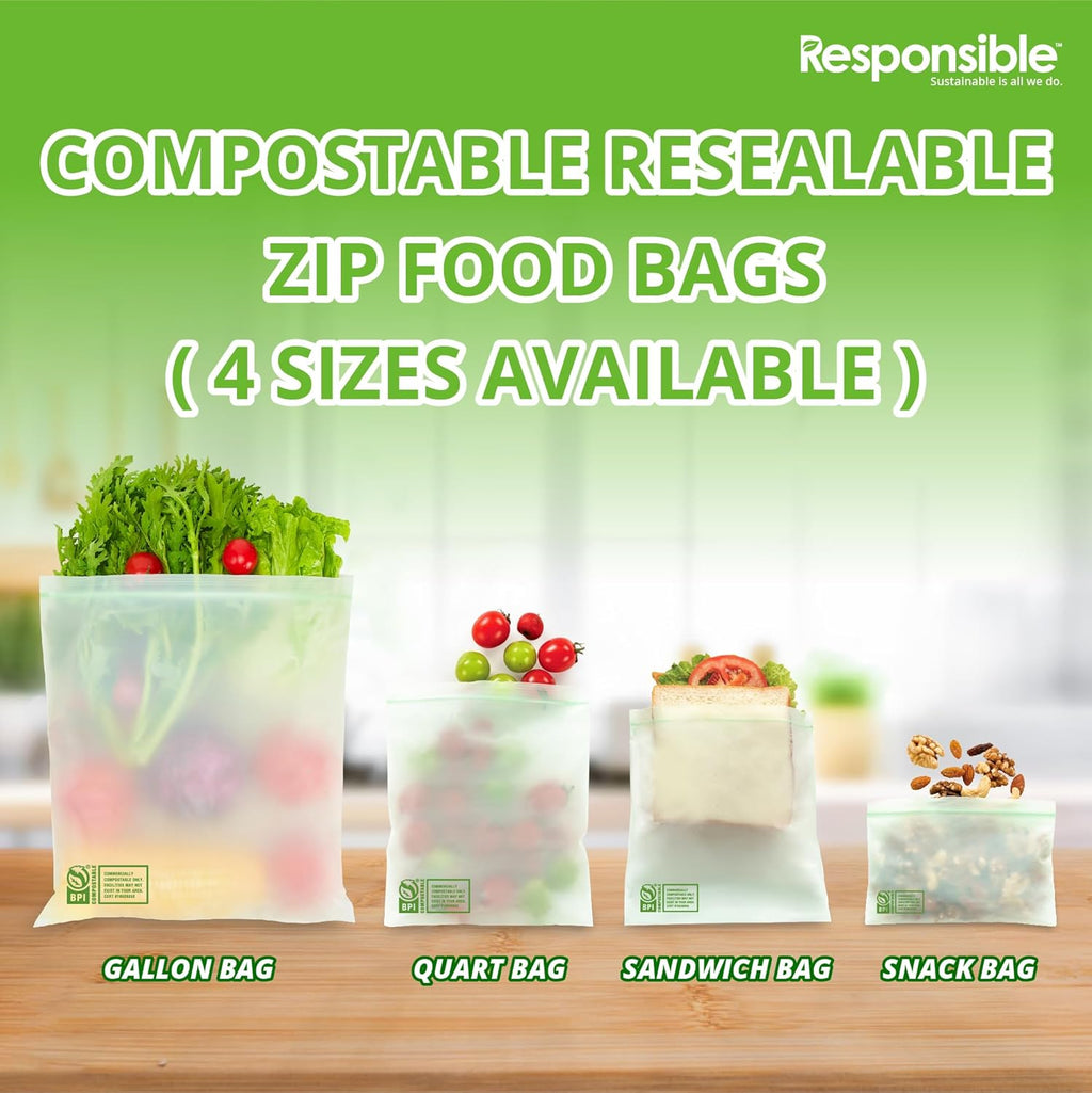 Responsible Products Certified Compostable QUART Resealable Zip Bag, Extra Strength Food Bags