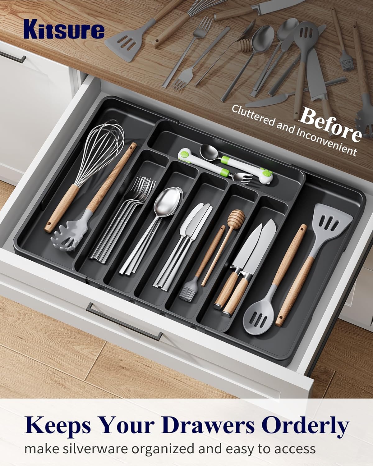Kitsure Cutlery Drawer Organiser for Kitchen - Adjustable Cutlery Tray for Effortless Utensil