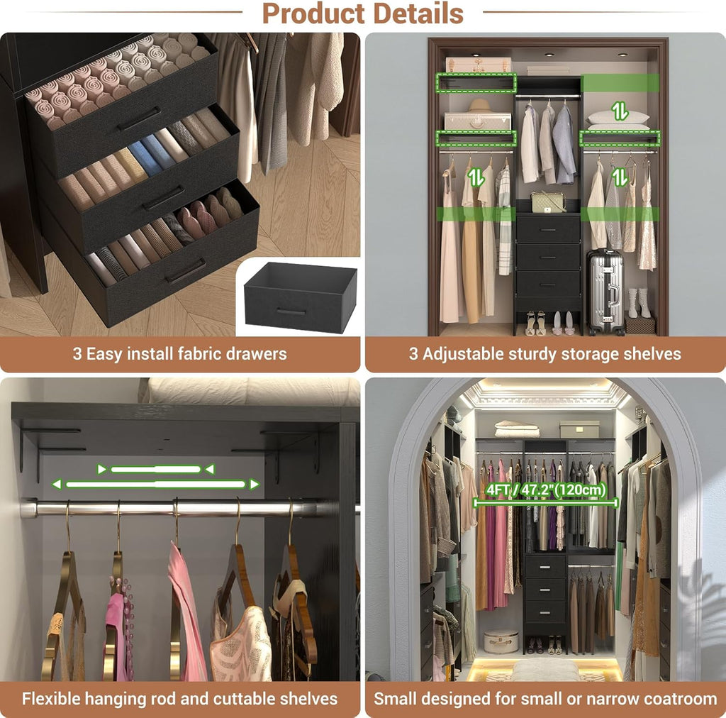 4FT Small Closet System with 3 Fabric Drawers, 48'' Closet Organizer System With 3 Adjustable