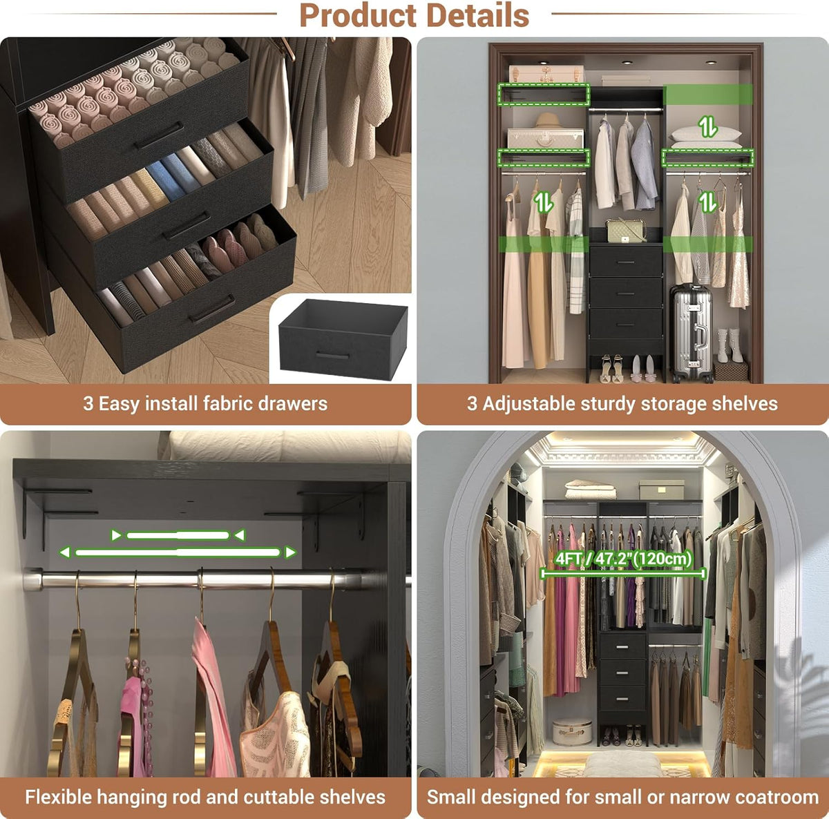 4FT Small Closet System with 3 Fabric Drawers, 48'' Closet Organizer System With 3 Adjustable