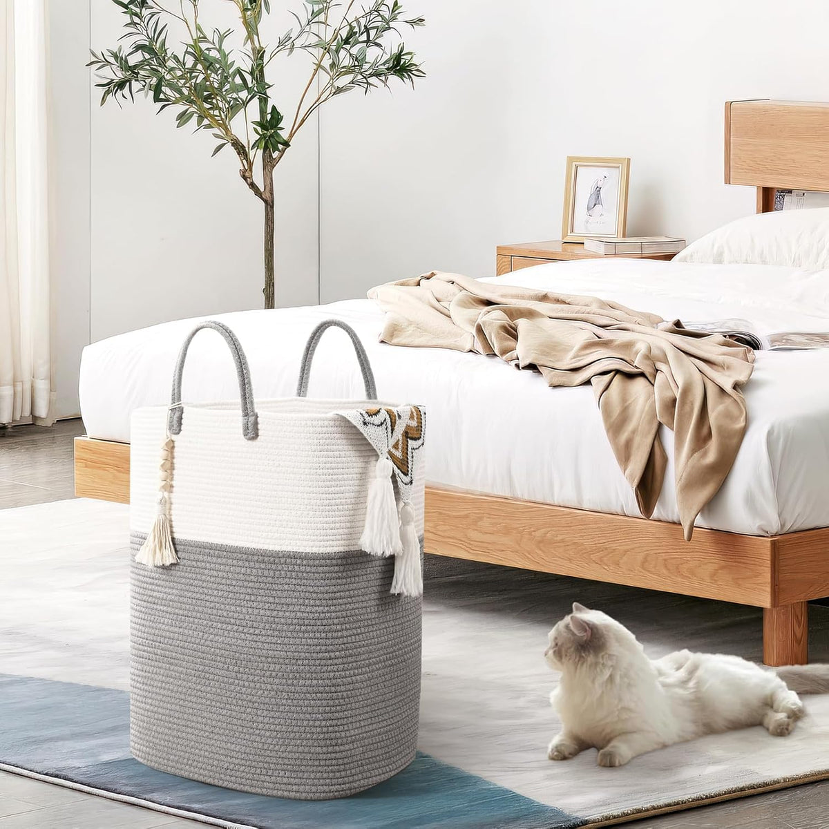 Woven Laundry Basket for Clothes, 100L Large Rectangle Laundry Hampers with Beads Tassel, Nursery