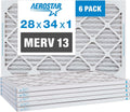 Aerostar 28x34x1 MERV 13-6 Count - Pleated Furnace & Air Conditioner Filters - Removes Bacteria