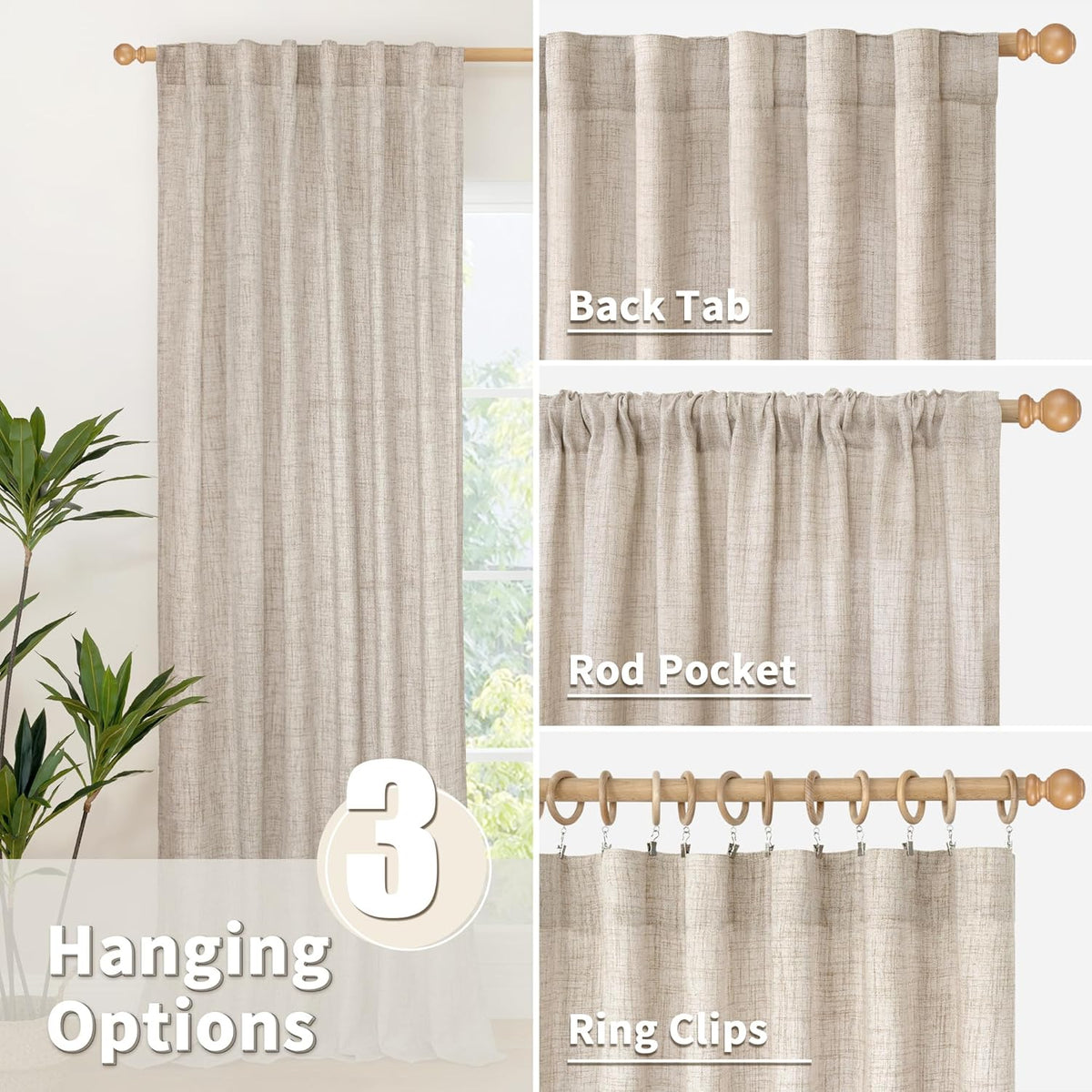 YoungsTex Natural Linen Curtains 80 Inch Length for Living Room, Light Filtering Burlap Textured