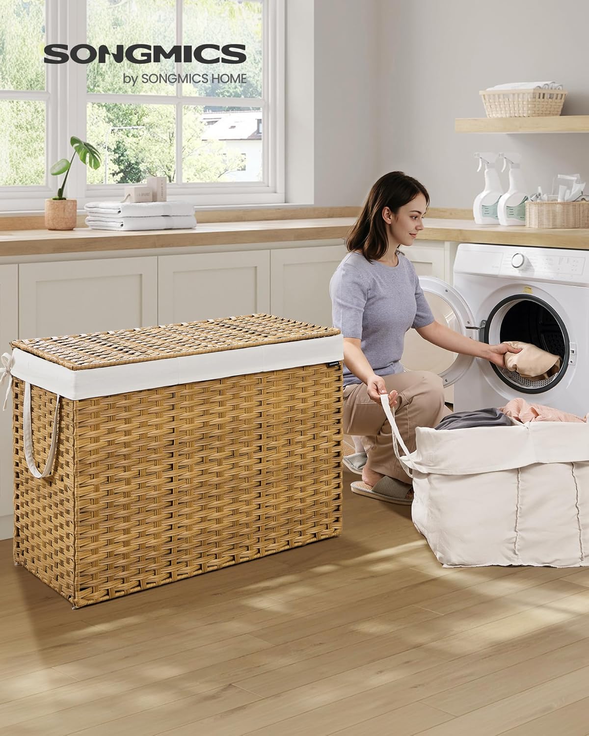 SONGMICS Laundry Hamper with Lid, 52.8 Gallon (200 L) Synthetic Rattan Clothes Laundry Basket with