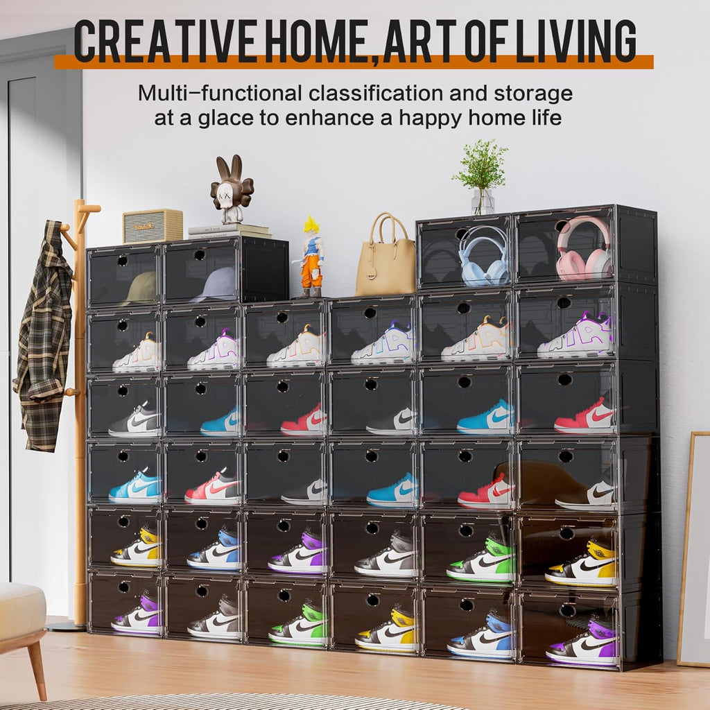 KEFA XL Shoe Storage Box Organizer, 6 Pack Shoe Boxes Clear Plastic Stackable, Sneaker Display Case