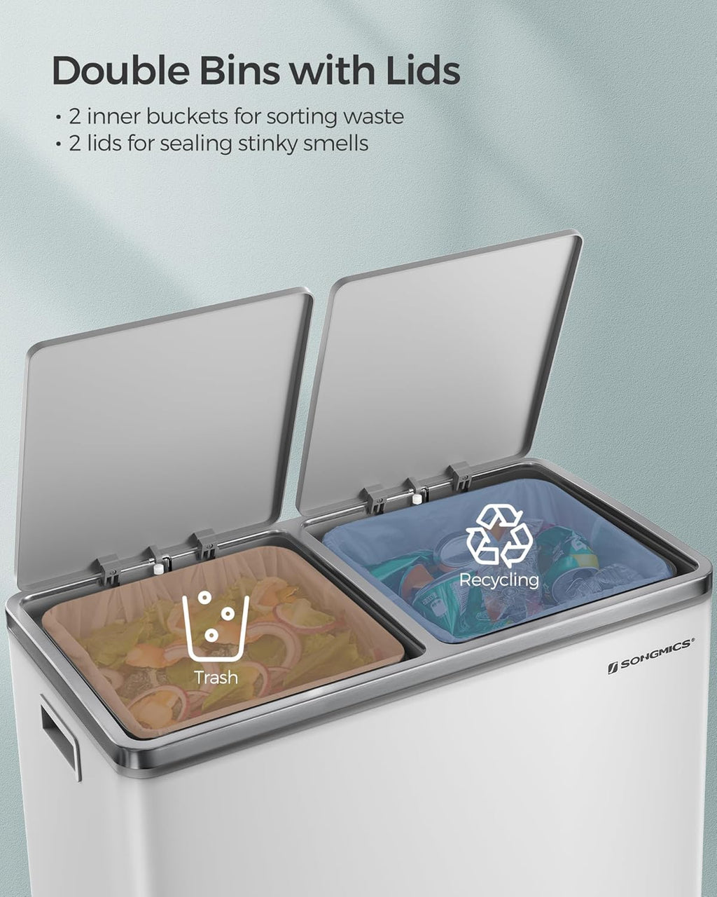 SONGMICS Trash Can, 2 x 8 Gallon (2 x 30 L) Garbage Can for Kitchen, with 15 Trash Bags, 2