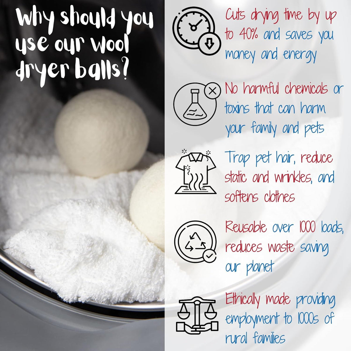 Wool Dryer Balls Organic Premium | Handcrafted Puppy Dog Face Design | 6 Balls XL, Ethically &