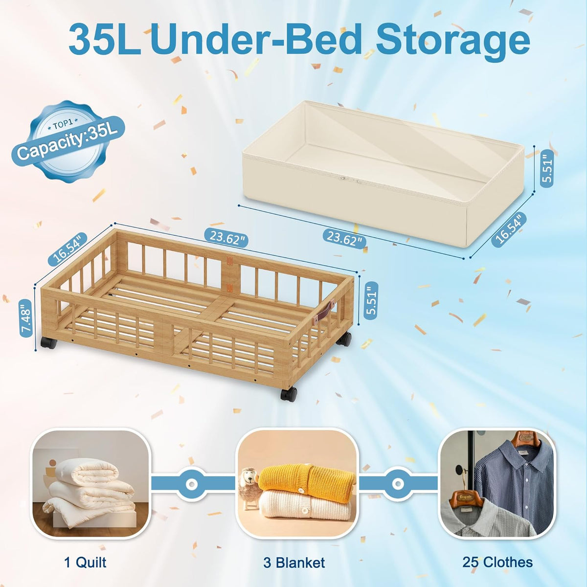 efluky 2-Pack Bamboo Under Bed Storage Containers with Wheels, Under Bed Clothes Storage Basket