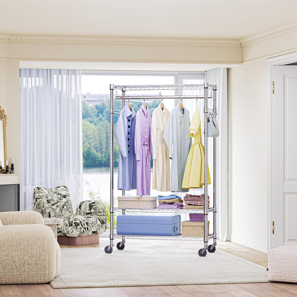 IZEUK Heavy Duty Rolling Garment Rack with 3 Adjustable Wire Shelves, Hanging Rod & Side Hooks