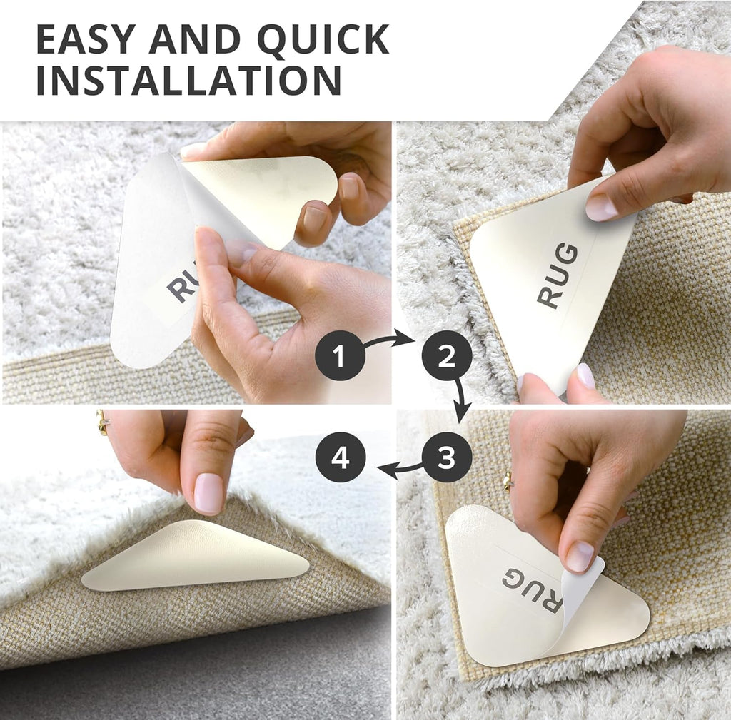 X-Protector Rug Tape for Carpet - 8 Pcs Set - White Anti-Slip & Anti-Curling Carpet Tape for Rugs