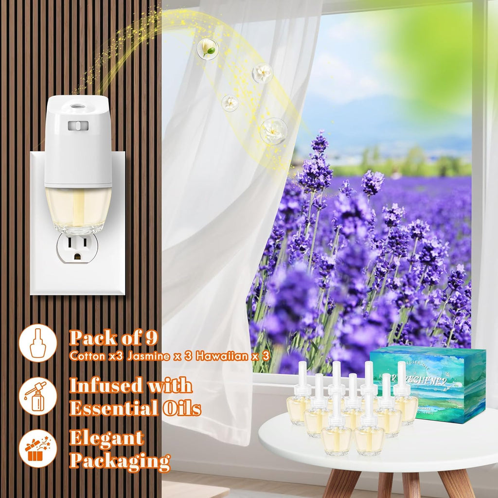 Plug-in Air Freshener Starter Kit, 1 Warmer and 9 Essential Oil Refills, Hawaiian, Jasmine, Cotton