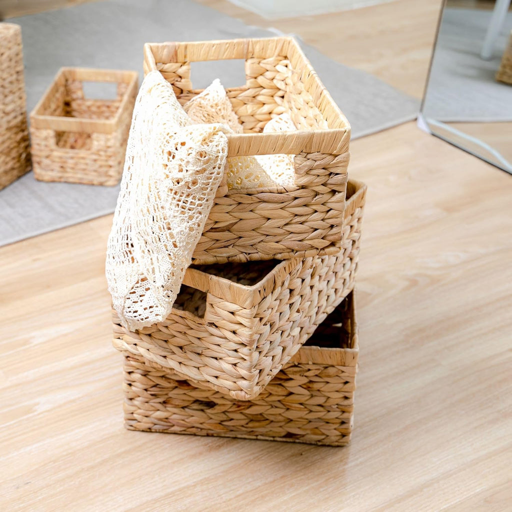 Set of 3 Water Hyacinth Storage Baskets – Wicker Baskets for Shelves, Decorative Woven Organizer