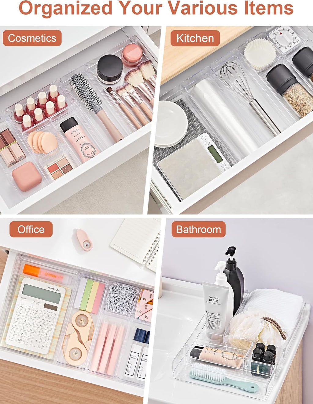 SMARTAKE 37-Piece Drawer Organizer with Non-Slip Silicone Pads, 4-Size Desk Drawer Organizer Trays