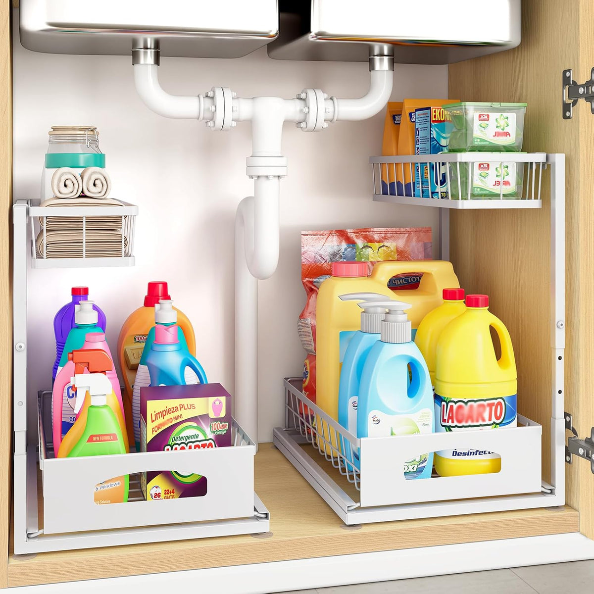 Under Sink Organizer, 2 Pack Height Adjustable Cabinet Organizer with Slide Out Drawer, Pull Out