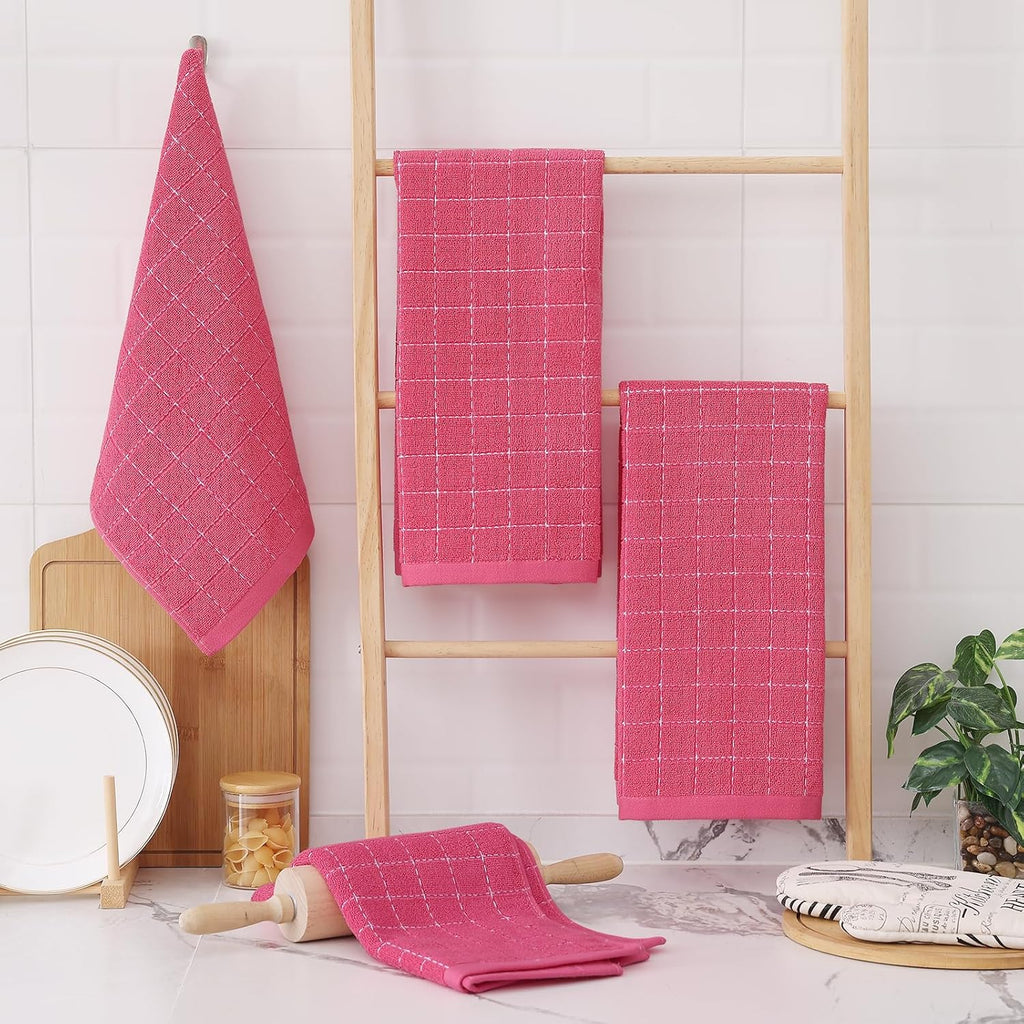 Homaxy 100% Cotton Terry Kitchen Towels(Rose Red, 13 x 28 inches), Checkered Designed, Soft and