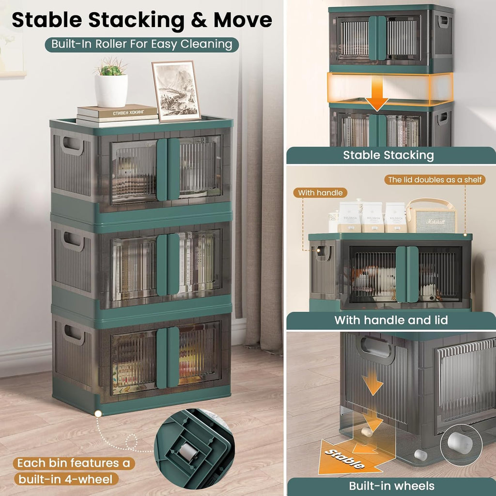 8.4Gal Collapsible Storage Bins with Lids & Wheels - 6 Pack Stackable with Doors, Heavy-Duty