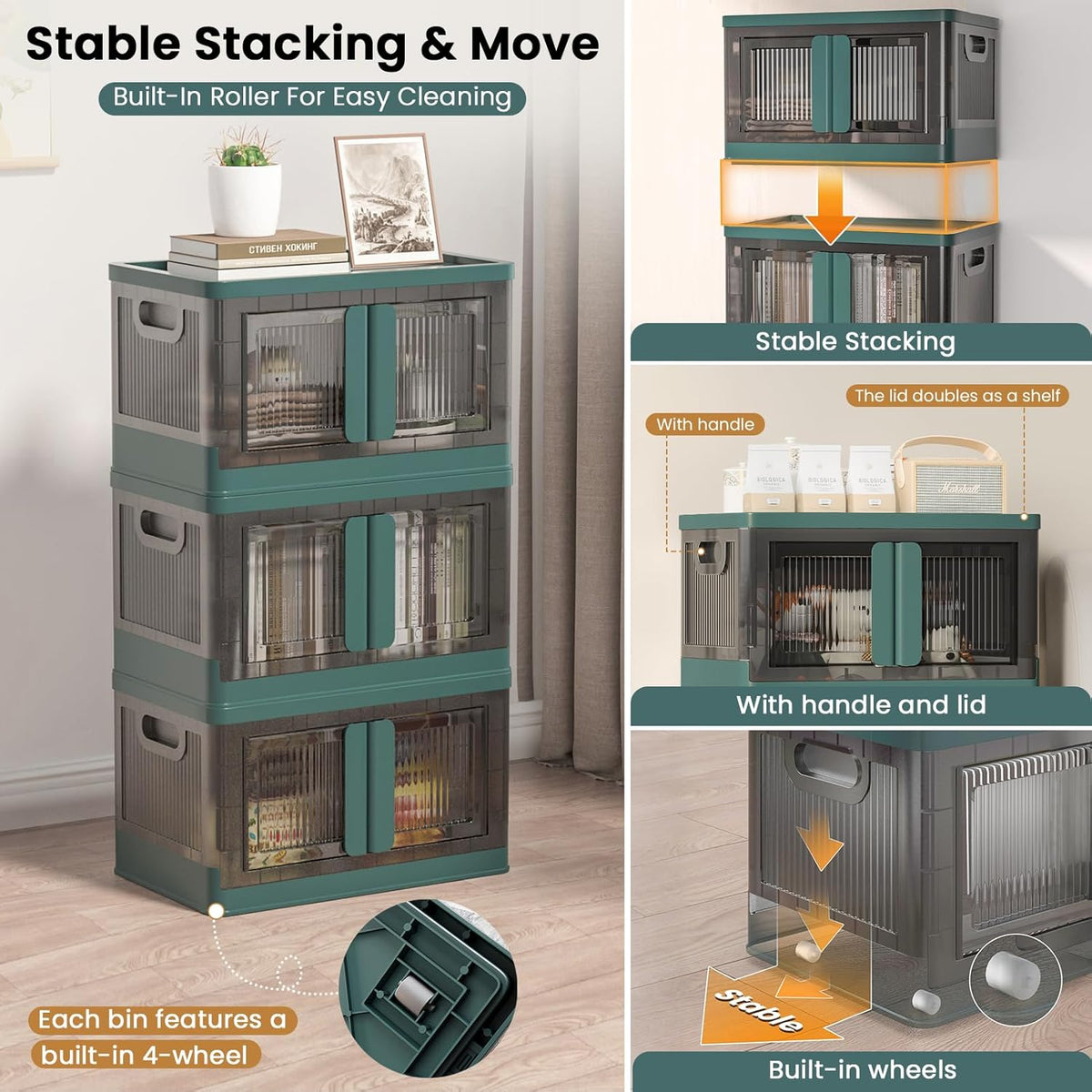 8.4Gal Collapsible Storage Bins with Lids & Wheels - 6 Pack Stackable with Doors, Heavy-Duty