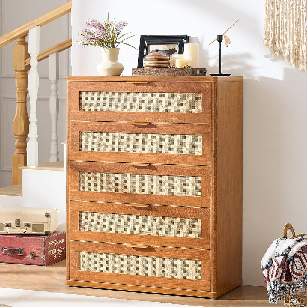 LEYAOYAO Dresser for Bedroom, 41" Tall Chest of Drawers, Modern 5 Drawers Boho Rattan Dressers with
