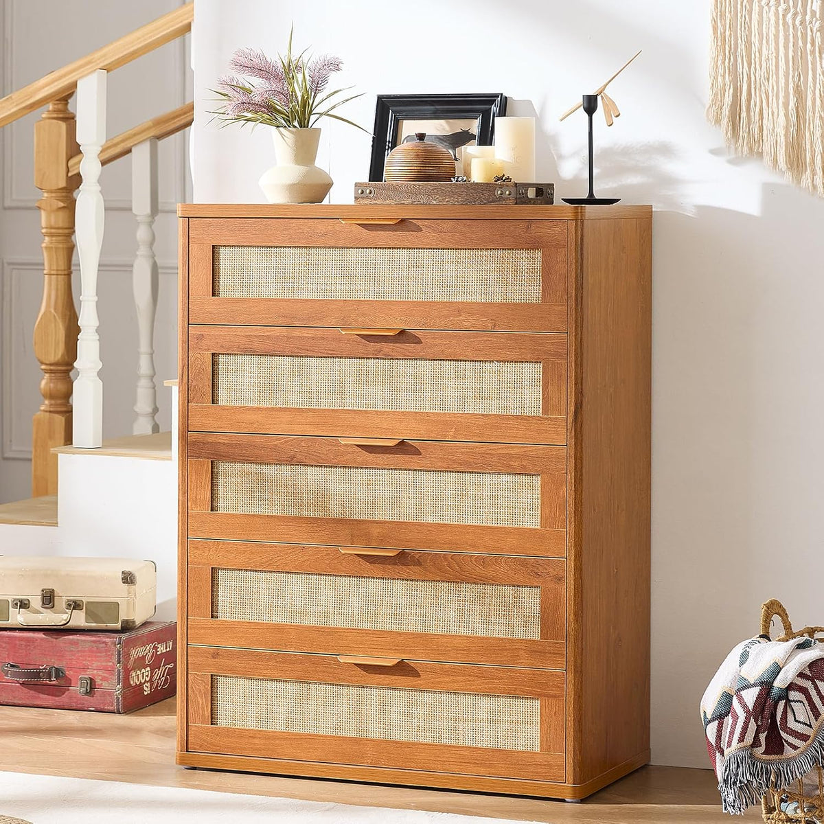 LEYAOYAO Dresser for Bedroom, 41" Tall Chest of Drawers, Modern 5 Drawers Boho Rattan Dressers with