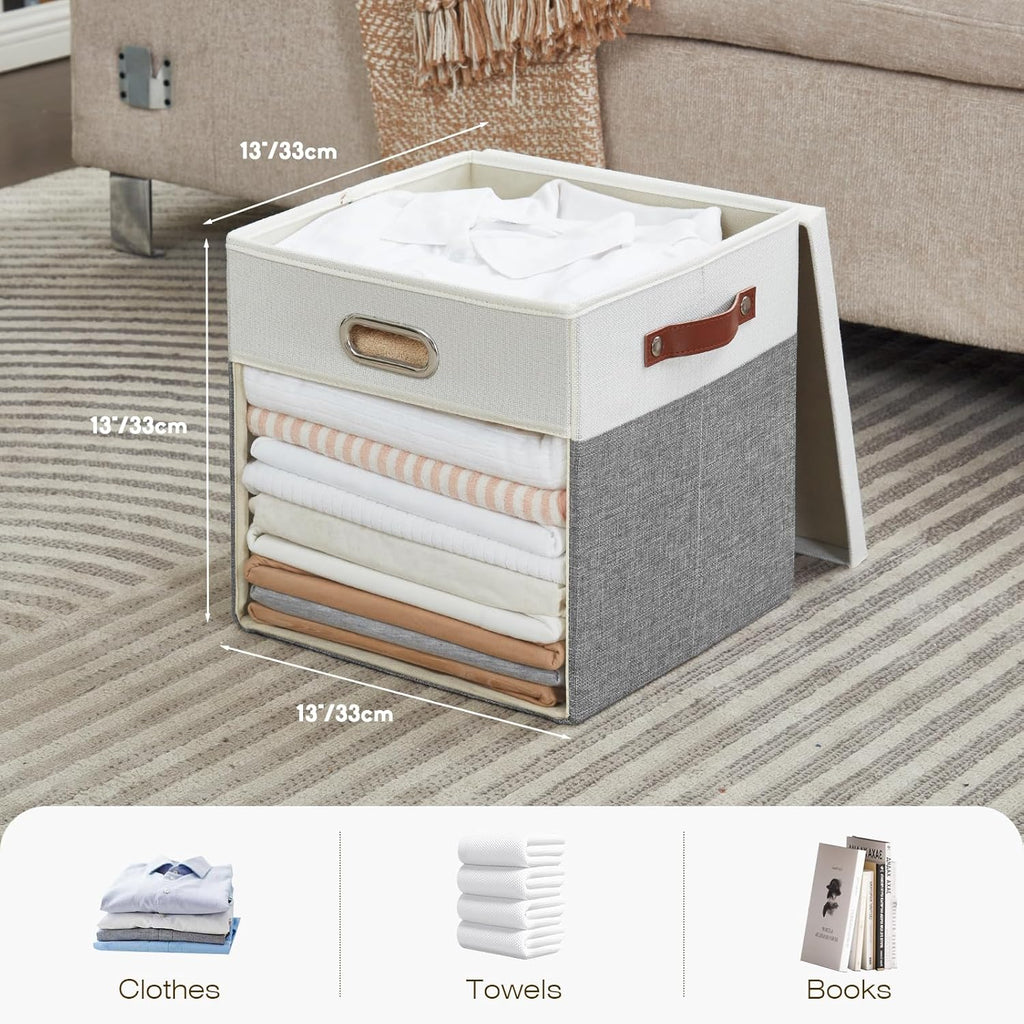 Fabric Storage Cubes with Clear Windows and Lids, 13'' Foldable Storage Bins with 3 Handles