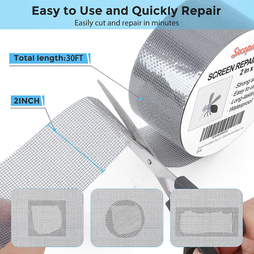 Grey Window Screen Repair Tape, 2IN X 30FT (360IN) Screen Repair Kit for Windows or Doors, Strong