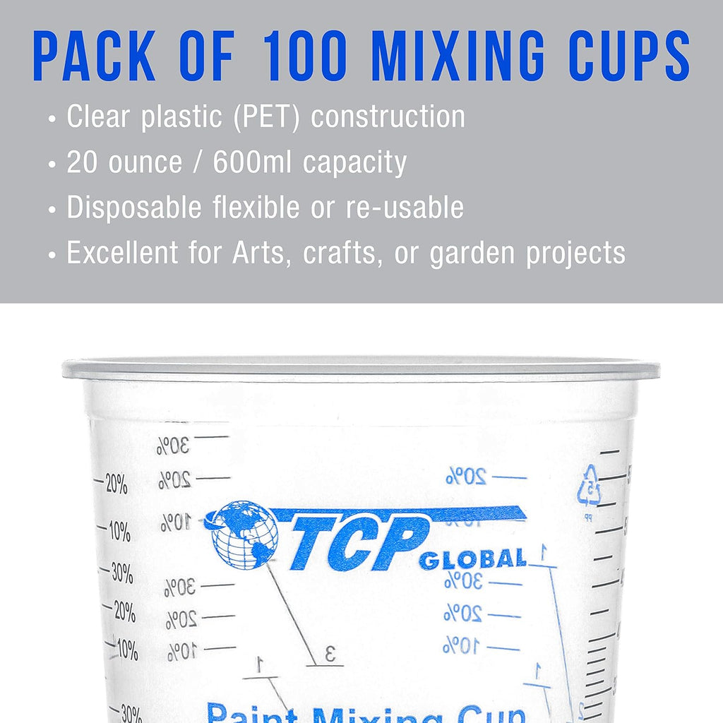 TCP Global 20 oz. (600ml) Graduated Plastic Mixing Cups - Box of 100 with 50 Mixing Sticks