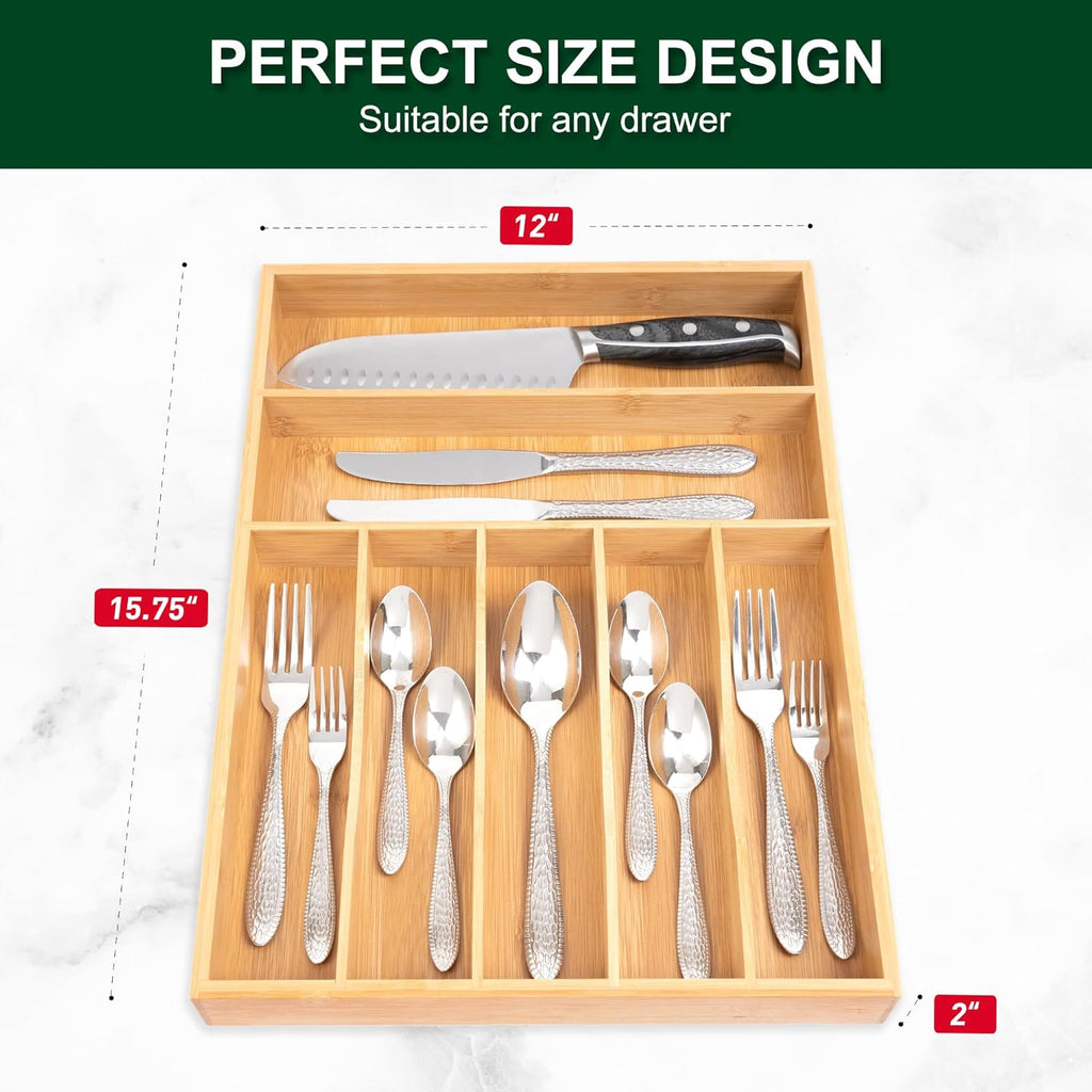 Bellsal Natural Utensil Organizer 12.5 Inch Silverware Organizer for Drawer Utensil Holder Cutlery