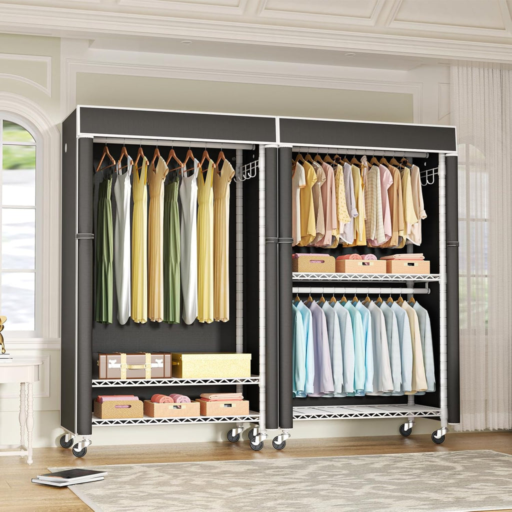 FUTASSI White Clothing Rack with Black Cover, P1C Rolling Closets with Wheels, Metal Garment Rack