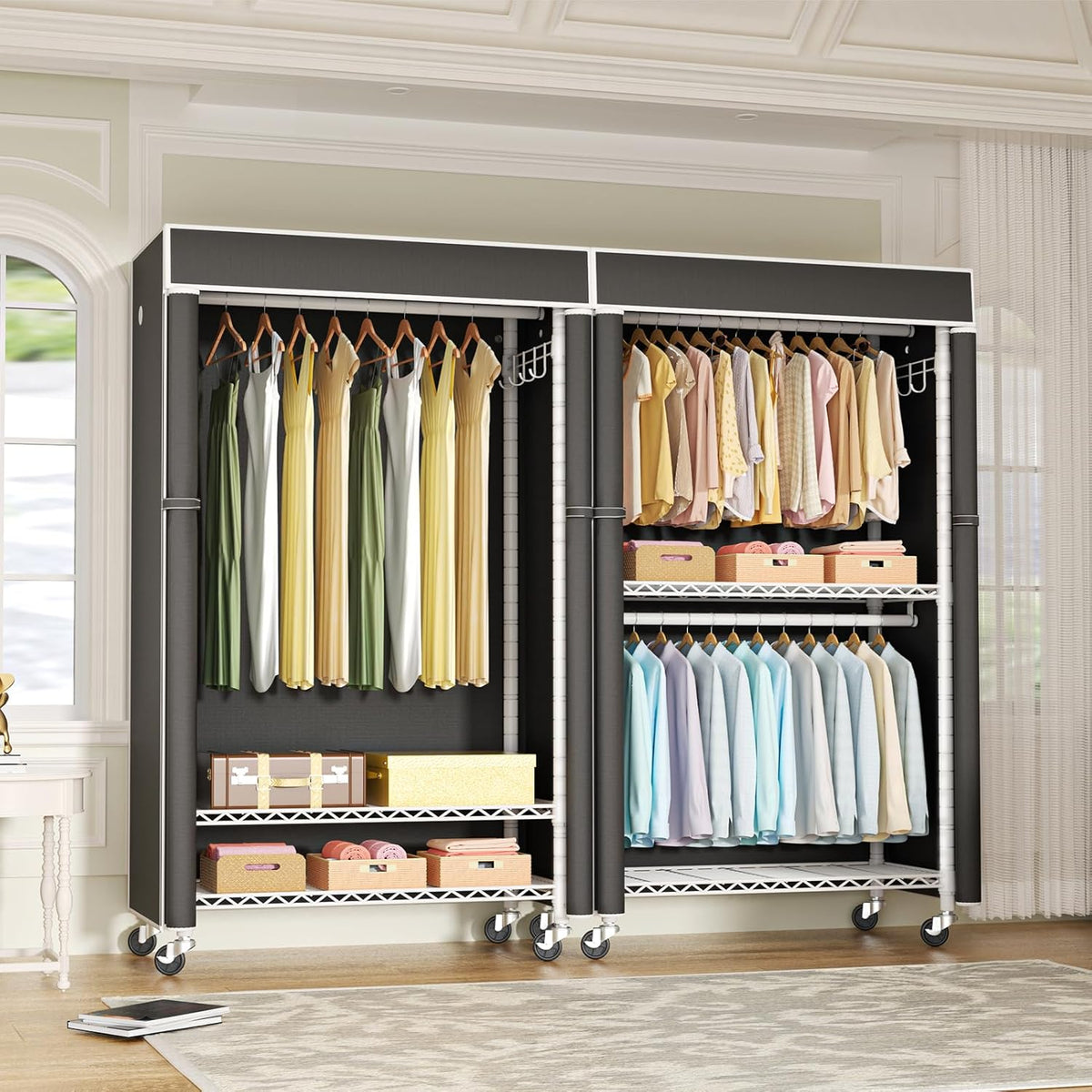 FUTASSI White Clothing Rack with Black Cover, P1C Rolling Closets with Wheels, Metal Garment Rack