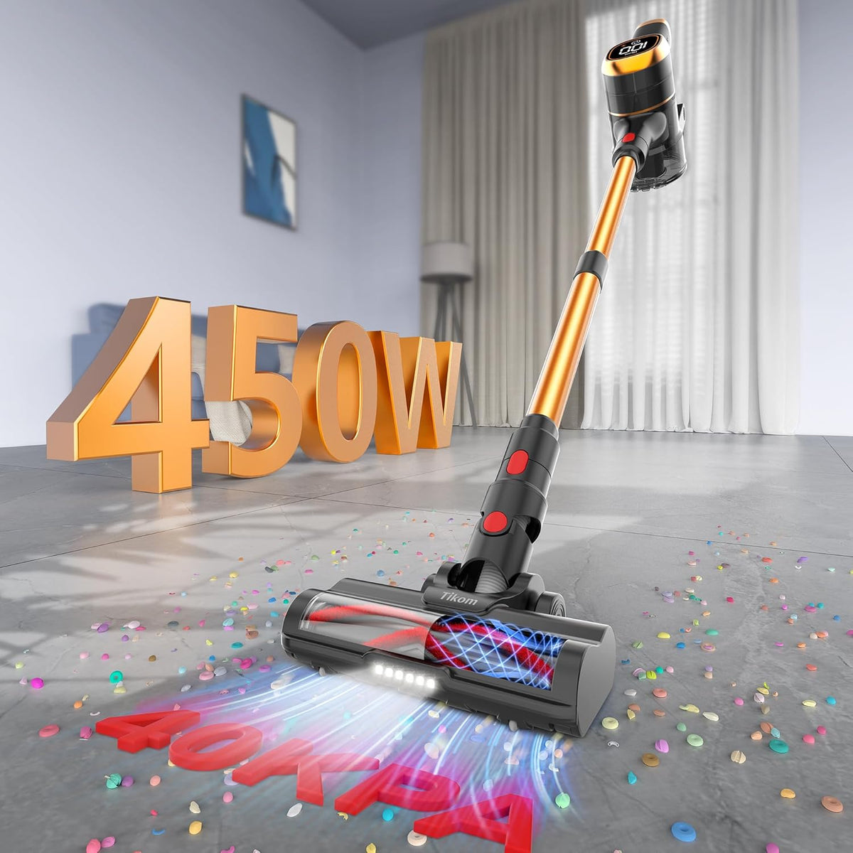 Tikom V500 Cordless Vacuum Cleaner for Home, 40000Pa/450W Stick Vacuum with LED Touch Screen