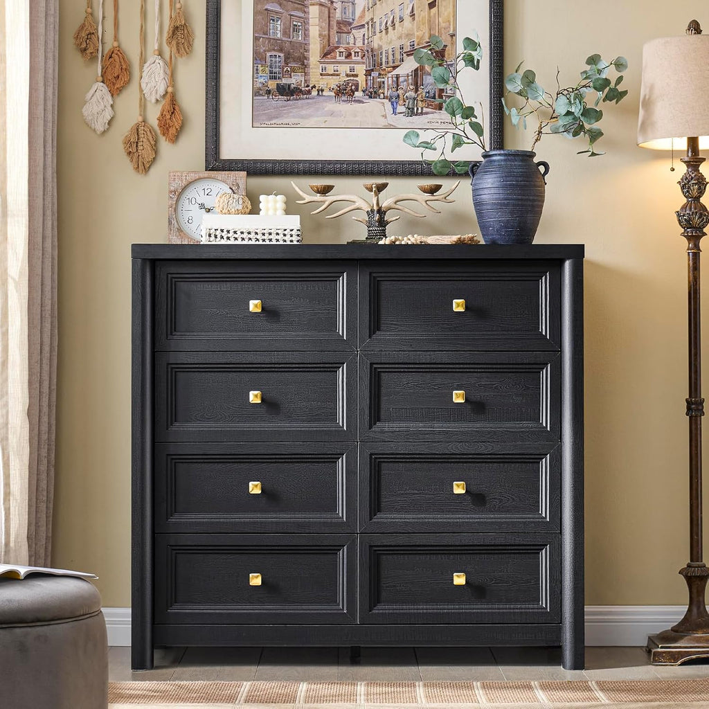 Farmhouse Dresser for Bedroom, 41" Tall Black Dresser with 8 Drawers, Soide Rustic Wood Vintage