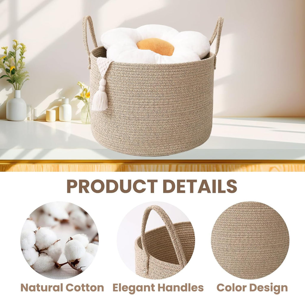 Woven Blanket Basket,65L Large Rope Storage Bin with Handles, Organizer for Blankets Toys Book and