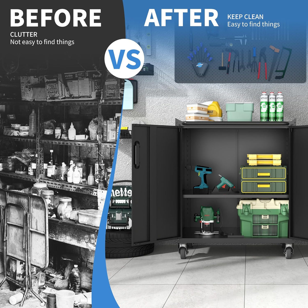 Metal Storage Cabinet with Wheels, Lockable Garage Cabinet with Doors and Shelves, Rolling Tool