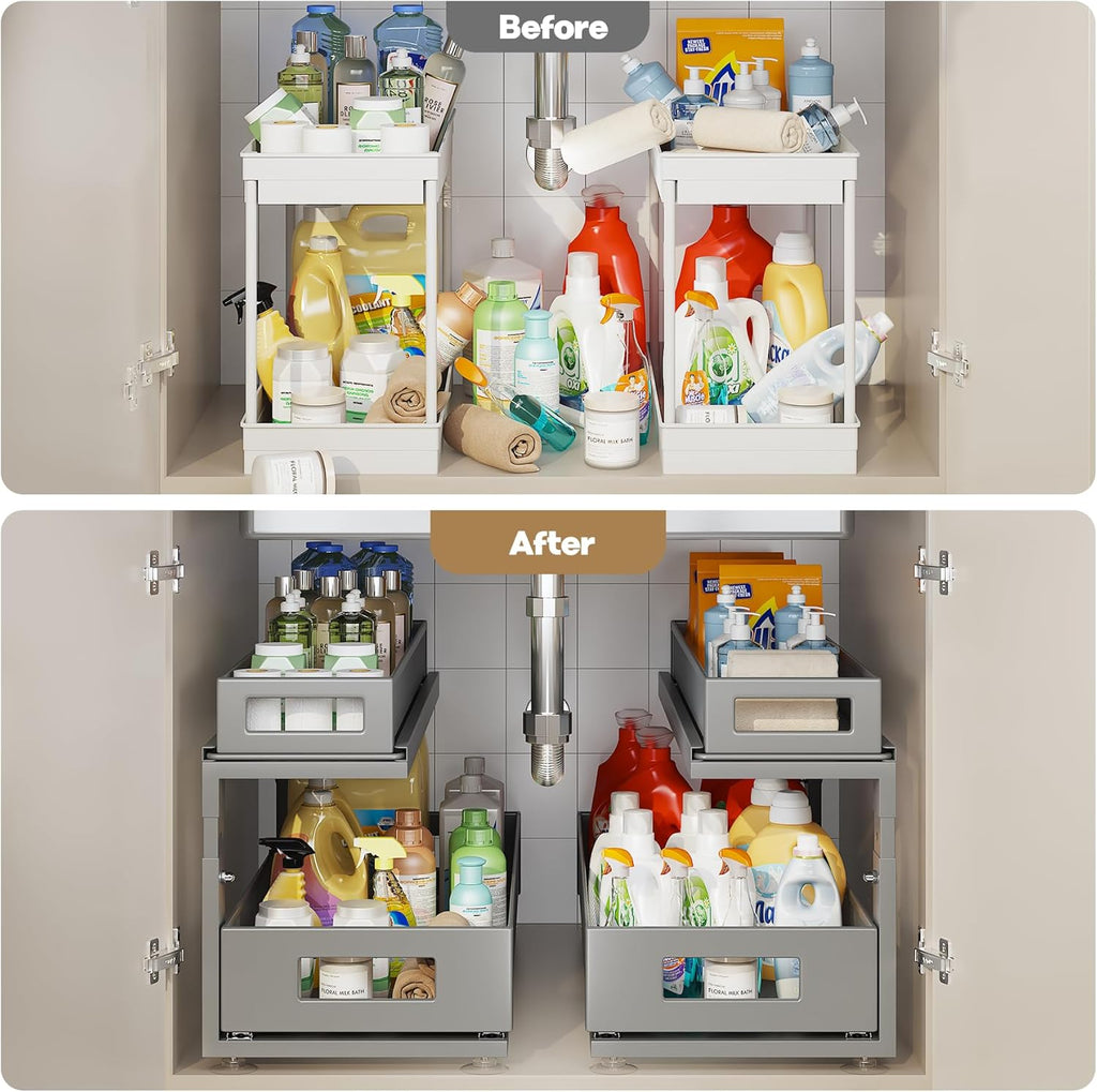 2 Pack 21.3IN-Depth Under Sink Organizer with Next-Gen Ball-Bearing Slides,2-Tier Pull Out Cabinet