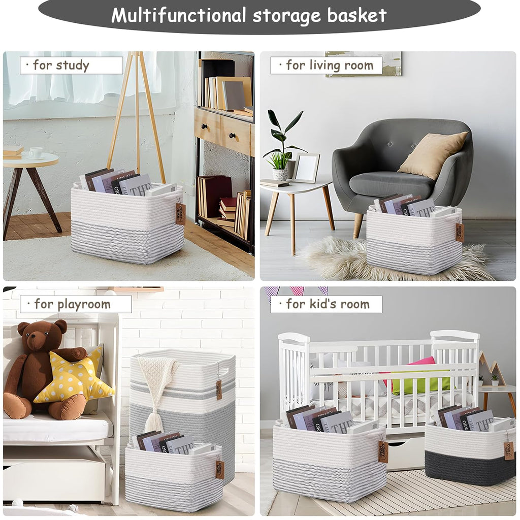 COMFY-HOMI 3 Pack Cotton Rope Square Basket with Handles - Storage & Organizer (White/Black Line