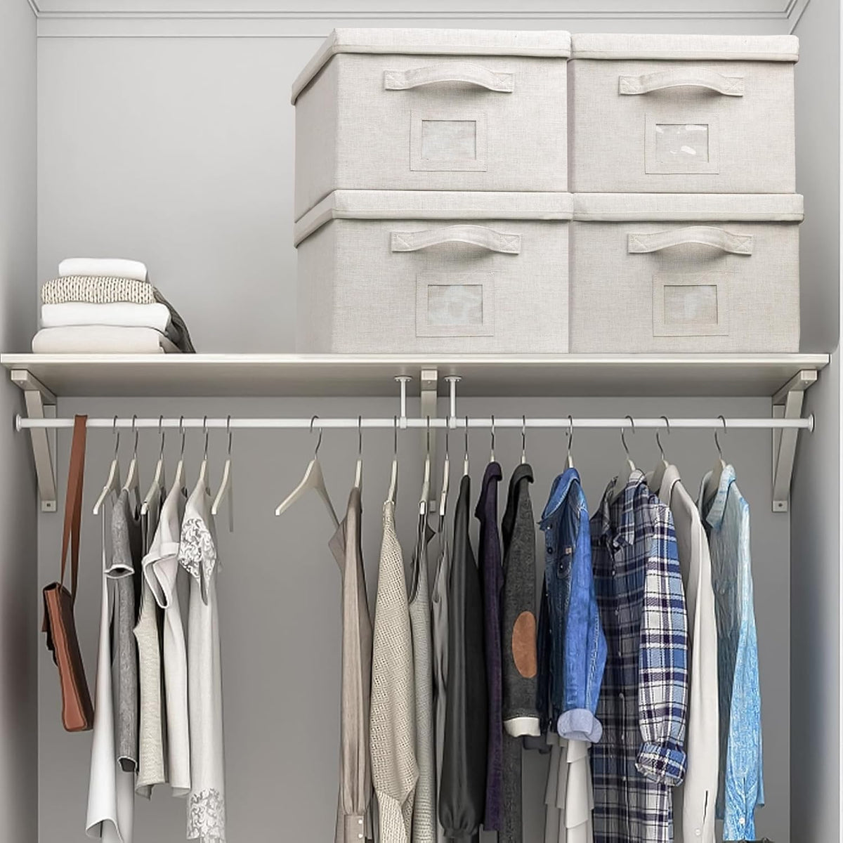 Large 17''x12'' Quart Collapsible Stackable Storage Bins with Lids, 6 Packs Off White Fabric Closet
