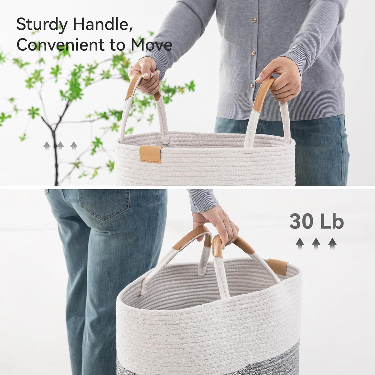 62L Striped Laundry Hamper with Leather Handles,Large Foldable Laundry Basket for Clothes,Cotton