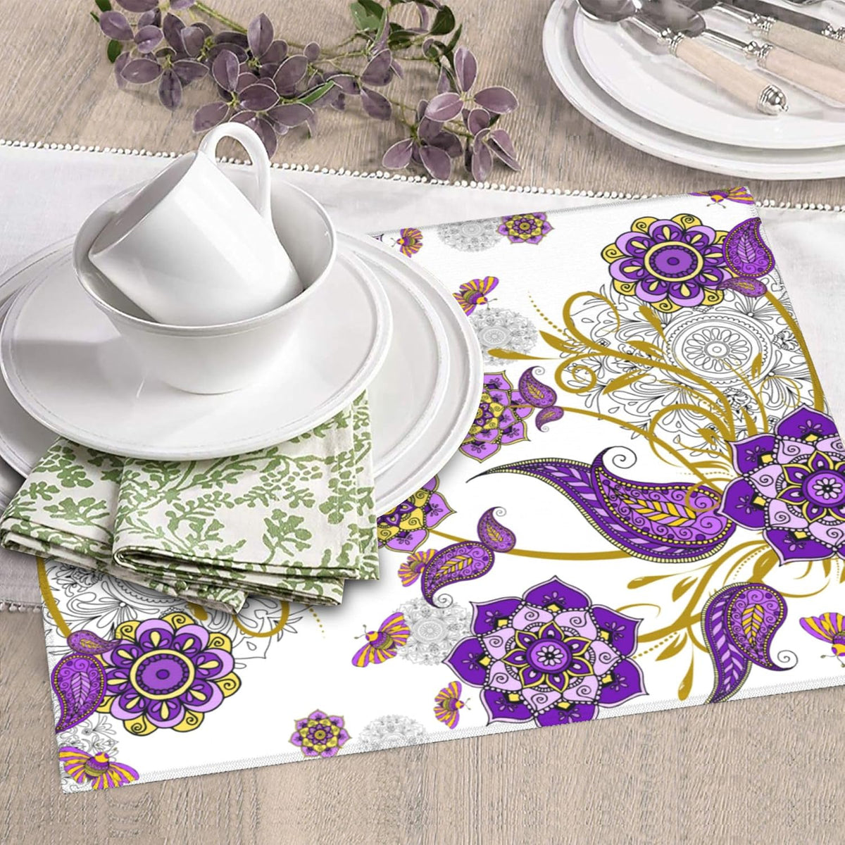 Boho Floral Dish Drying Mat for Kitchen Counter Washable Absorbent Reversible Microfiber Purple