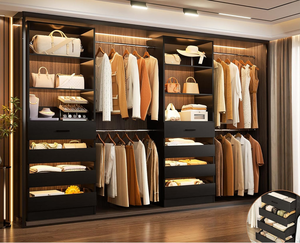 Aheaplus Closet System, 6-15Ft Closet Organizer with 8 Wooden Drawers, Wood Closet Organizer System