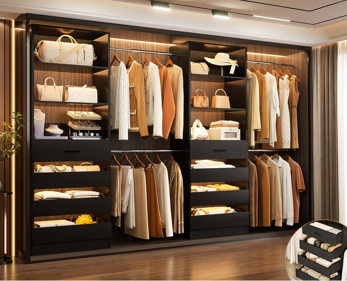 Aheaplus Closet System, 6-15Ft Closet Organizer with 8 Wooden Drawers, Wood Closet Organizer System