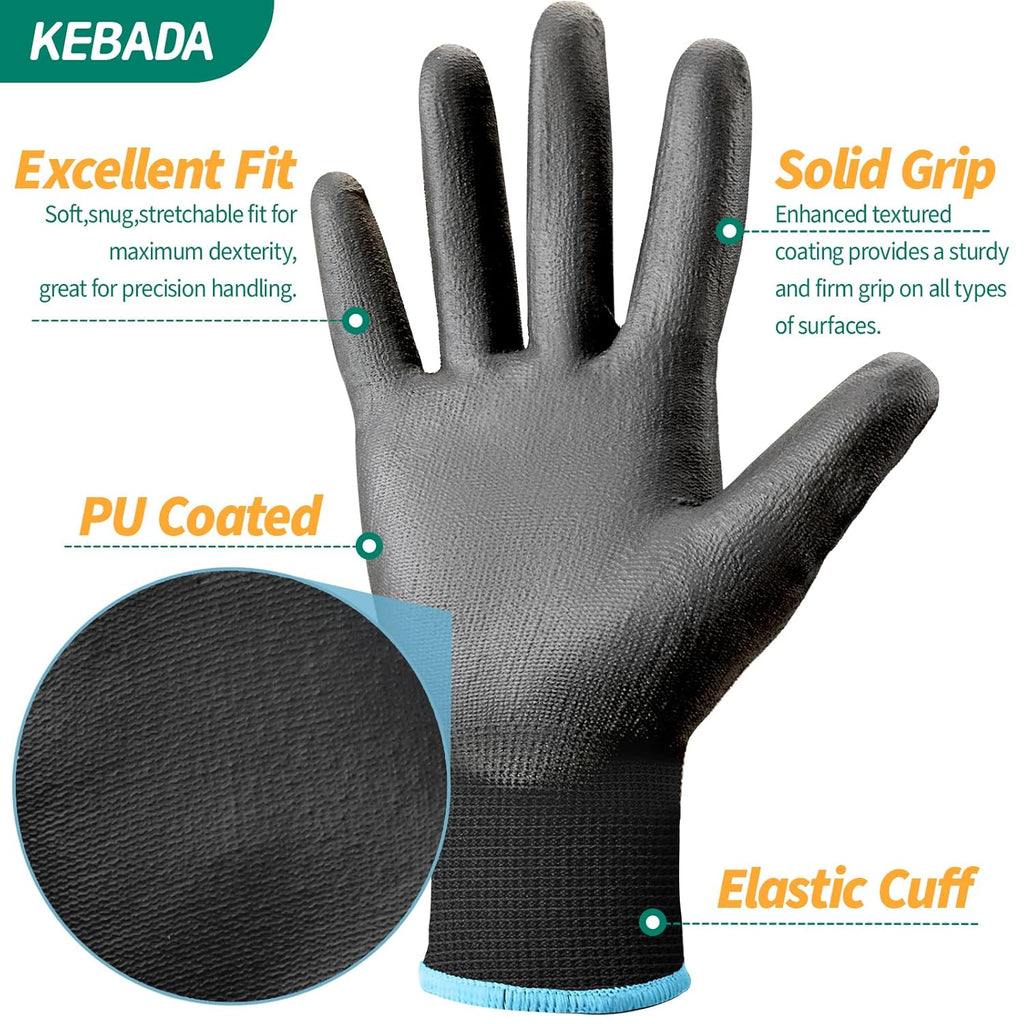 Kebada Safety Work Gloves, 12 Pairs Work Gloves with Grip, PU Coated Grip Gloves for Warehouse
