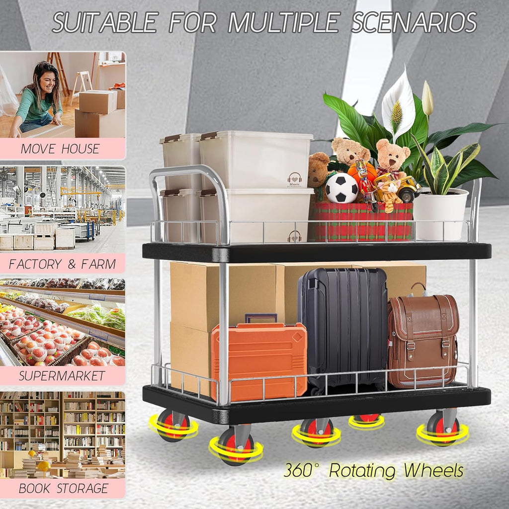 Utility Service Cart 2 Shelf - 880lbs Capacity Heavy-Duty Plastic Rolling Utility Carts with 5 of