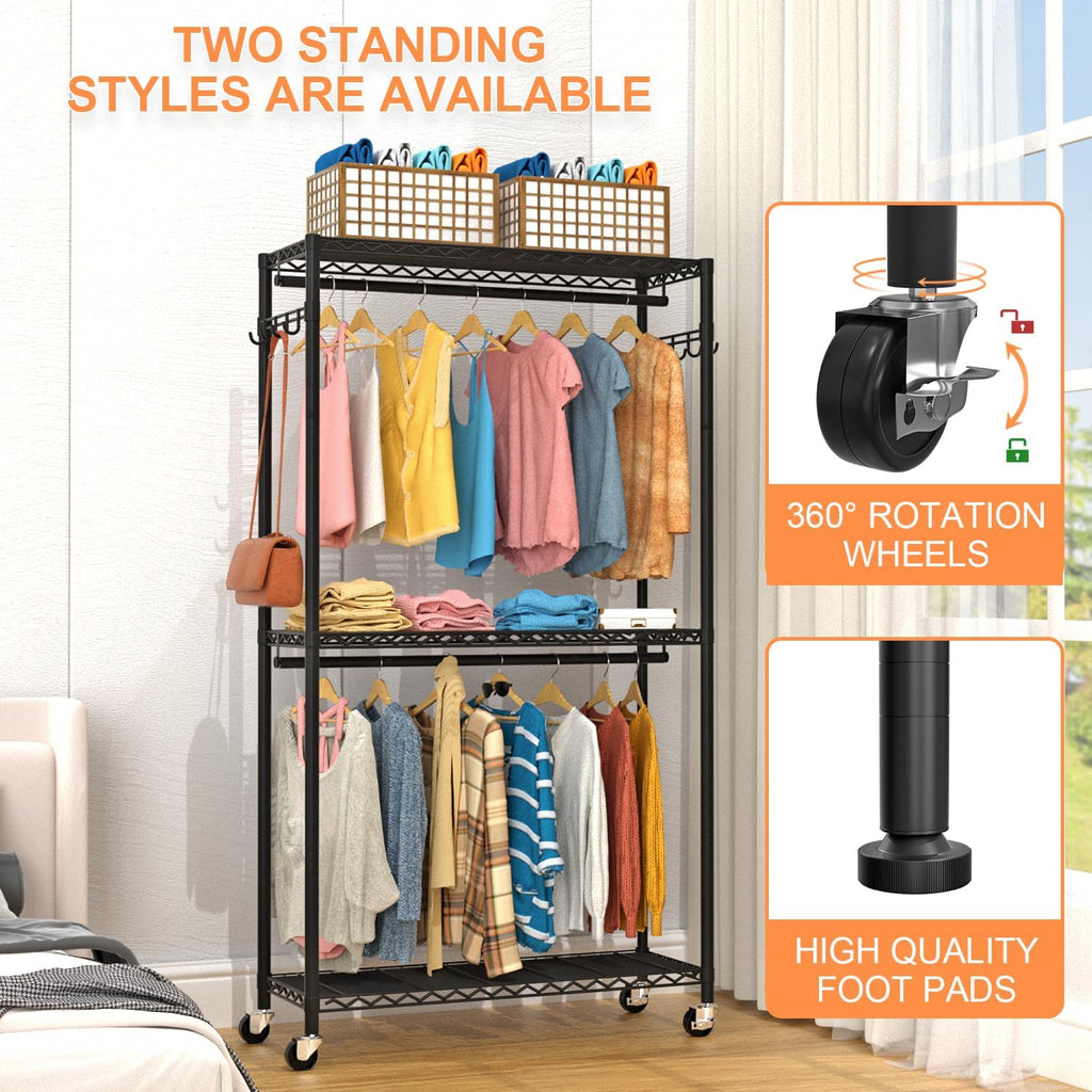 Clothes Rack, Clothing Racks for Hanging Clothes, 3 Tiers Adjustable Garment Rack with Wheels |