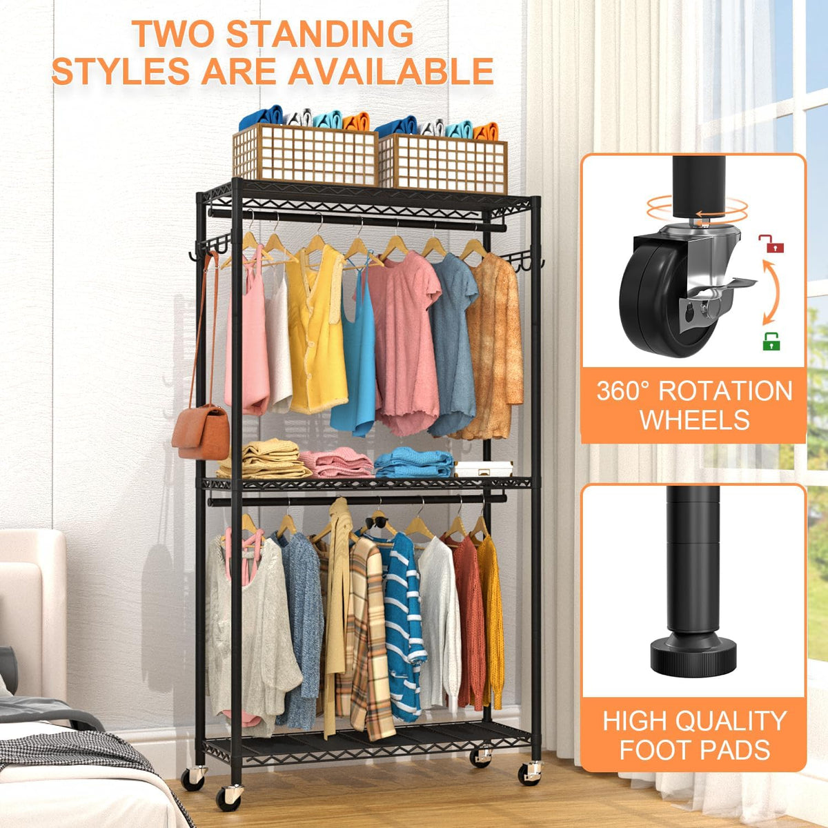 Clothes Rack, Clothing Racks for Hanging Clothes, 3 Tiers Adjustable Garment Rack with Wheels |